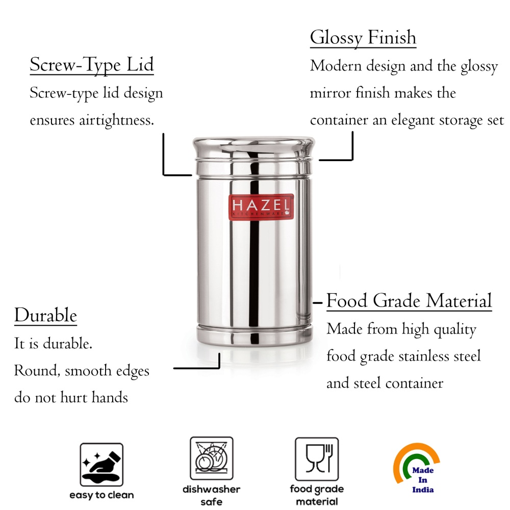 HAZEL Stainless Steel Container Set | 800 ml Set of 6 Steel Container For Kitchen Storage Set | Air Tight Containers For Kitchen Storage | Ideal For Storing Rice, Cereal, Pulse, Snacks.