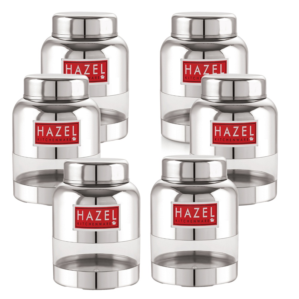 HAZEL Stainless Steel Container Set | Barni Shape See Through Container with Glossy Finish  |Transparent Multipurpose Storage Box for Kitchen, 350 ML, Set of 6