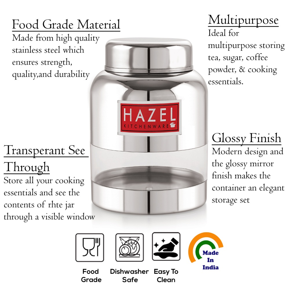 HAZEL Stainless Steel Container Set | Barni Shape See Through Container with Glossy Finish  |Transparent Multipurpose Storage Box for Kitchen, 350 ML, Set of 4