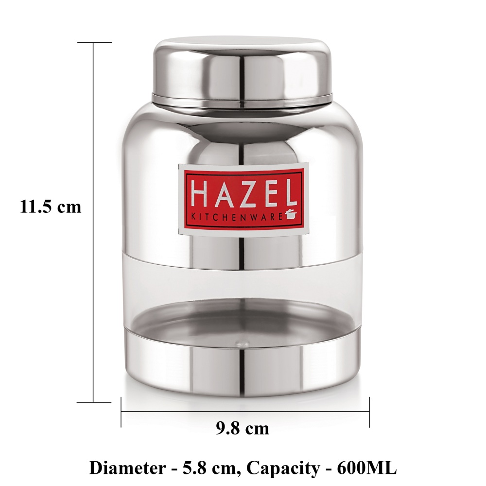 HAZEL Stainless Steel Kitchen Containers with Airtight Lid I Barni Shape Transparent Container with Glossy Finish | See Through Multipurpose Storage Box for Kitchen, 600 ML, Set of 6