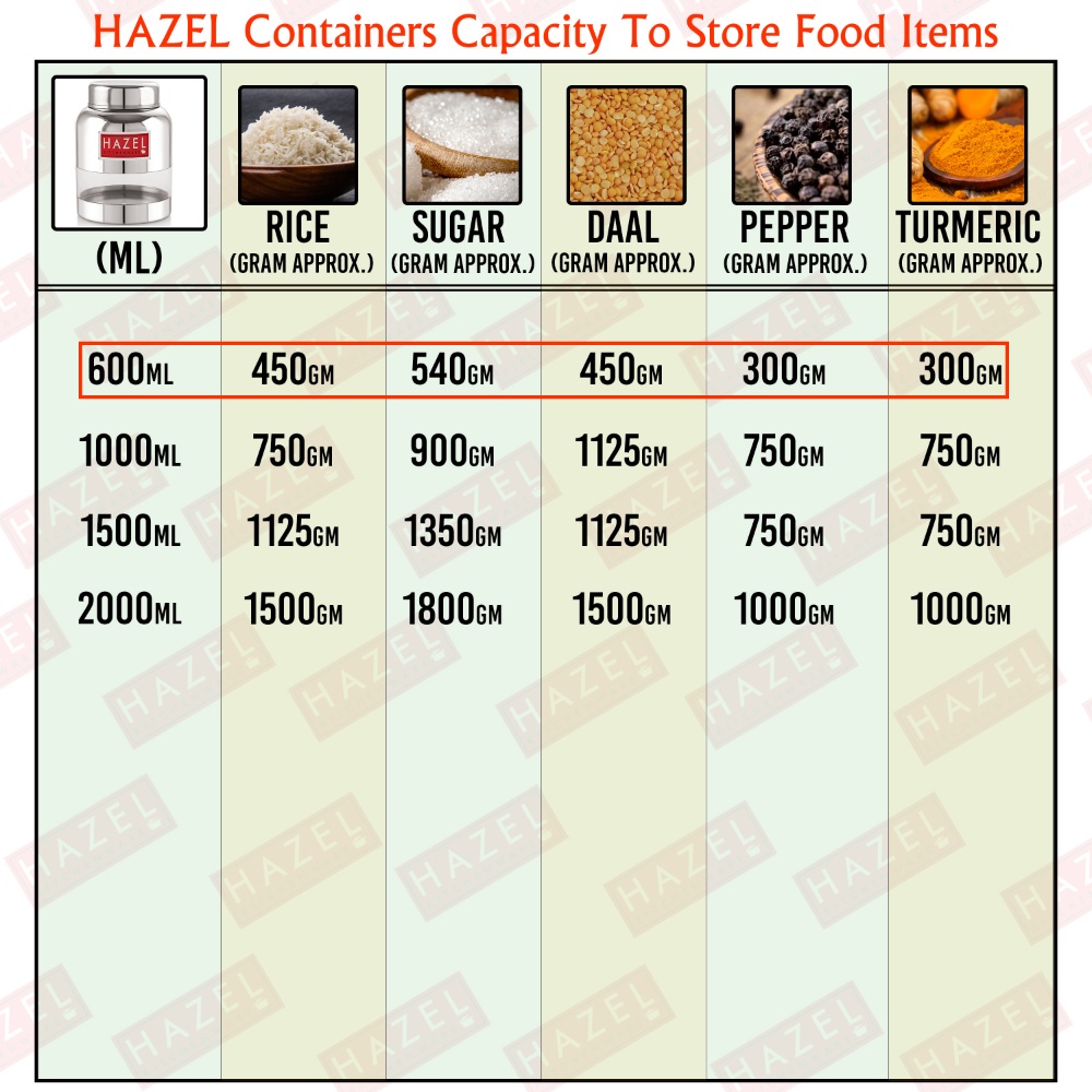 HAZEL Stainless Steel Kitchen Containers with Airtight Lid I Barni Shape Transparent Container with Glossy Finish | See Through Multipurpose Storage Box for Kitchen, 600 ML, Set of 6