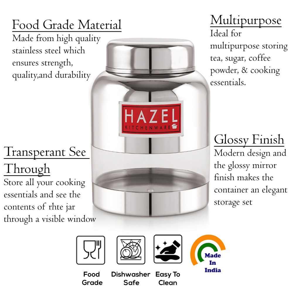 HAZEL Stainless Steel Kitchen Containers with Airtight Lid I Barni Shape Transparent Container with Glossy Finish | See Through Multipurpose Storage Box for Kitchen, 600 ML, Set of 6