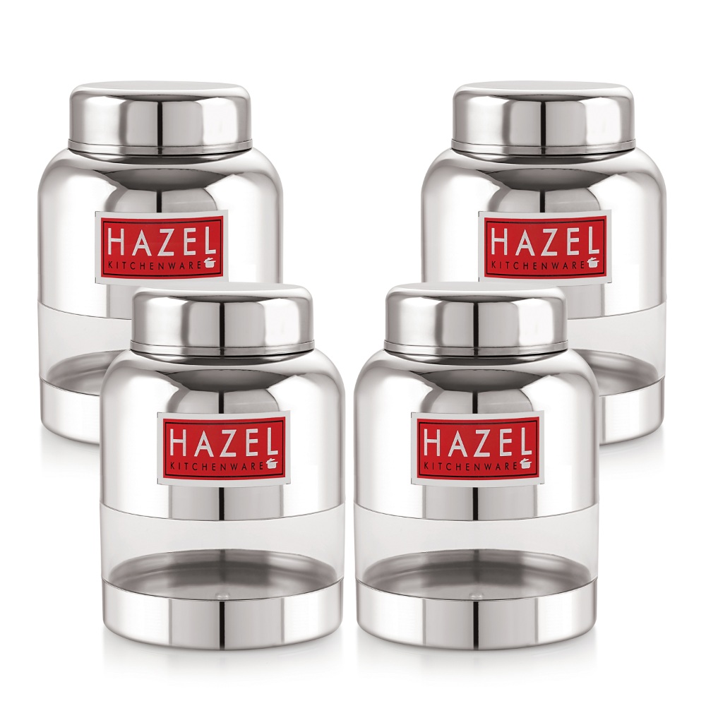 HAZEL Stainless Steel Kitchen Containers with Airtight Lid I Barni Shape Transparent Container with Glossy Finish | See Through Multipurpose Storage Box for Kitchen, 600 ML, Set of 4