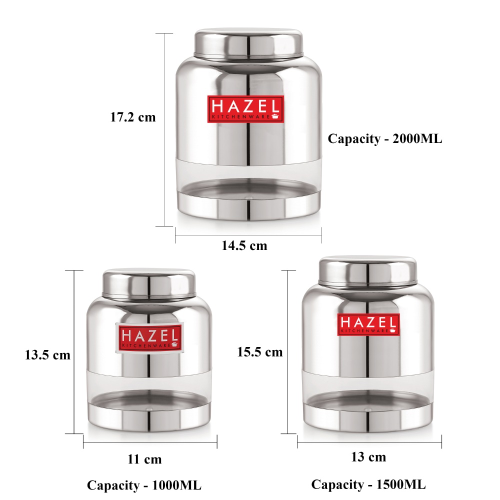 HAZEL Stainless Steel Kitchen Containers I Barni Shape Transparent Container with Glossy Finish | Multipurpose Storage Box for Kitchen Set of 6