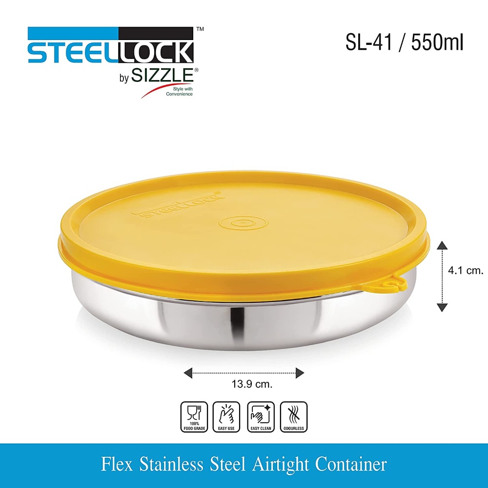 Steel Lock Flex Stainless Steel Airtight Container, 550 ML, Yellow