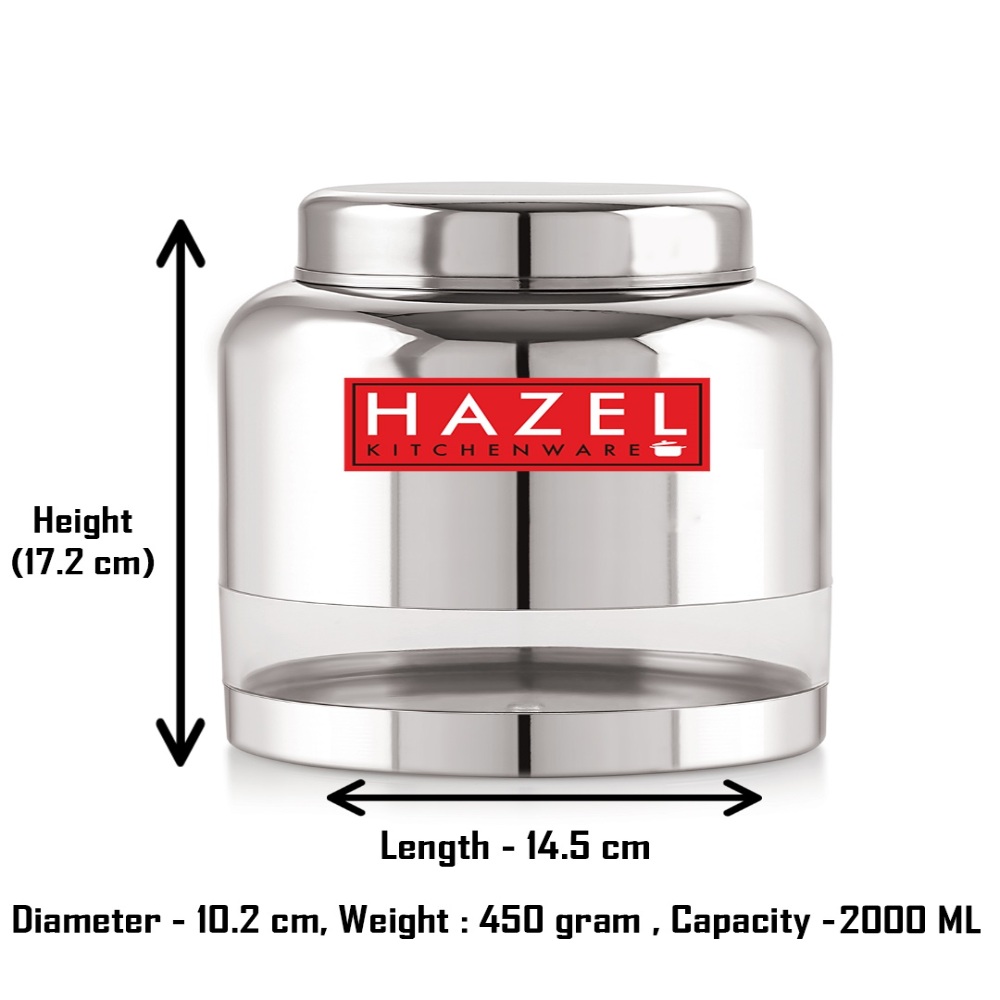 HAZEL Stainless Steel Transparent Container Glossy Finish Airtight See Through Jar Barni Set of 2, 2000 ML, Silver