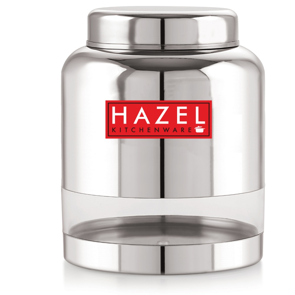 HAZEL Stainless Steel Transparent Container Glossy Finish Airtight See Through Jar Barni Set of 2, 2000 ML, Silver
