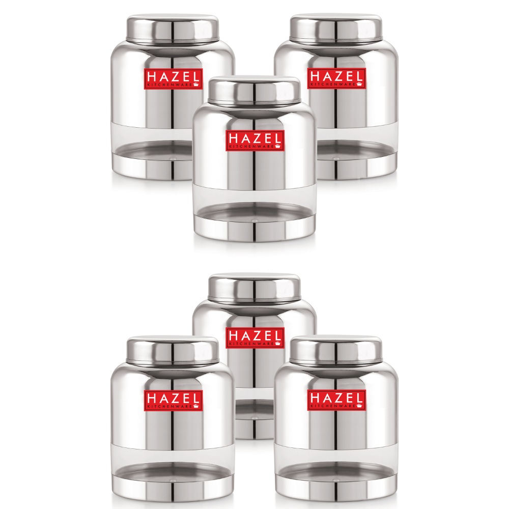 HAZEL Stainless Steel Transparent Container Glossy Finish Airtight See Through Jar Barni Set of 6, 1500 ML, Silver