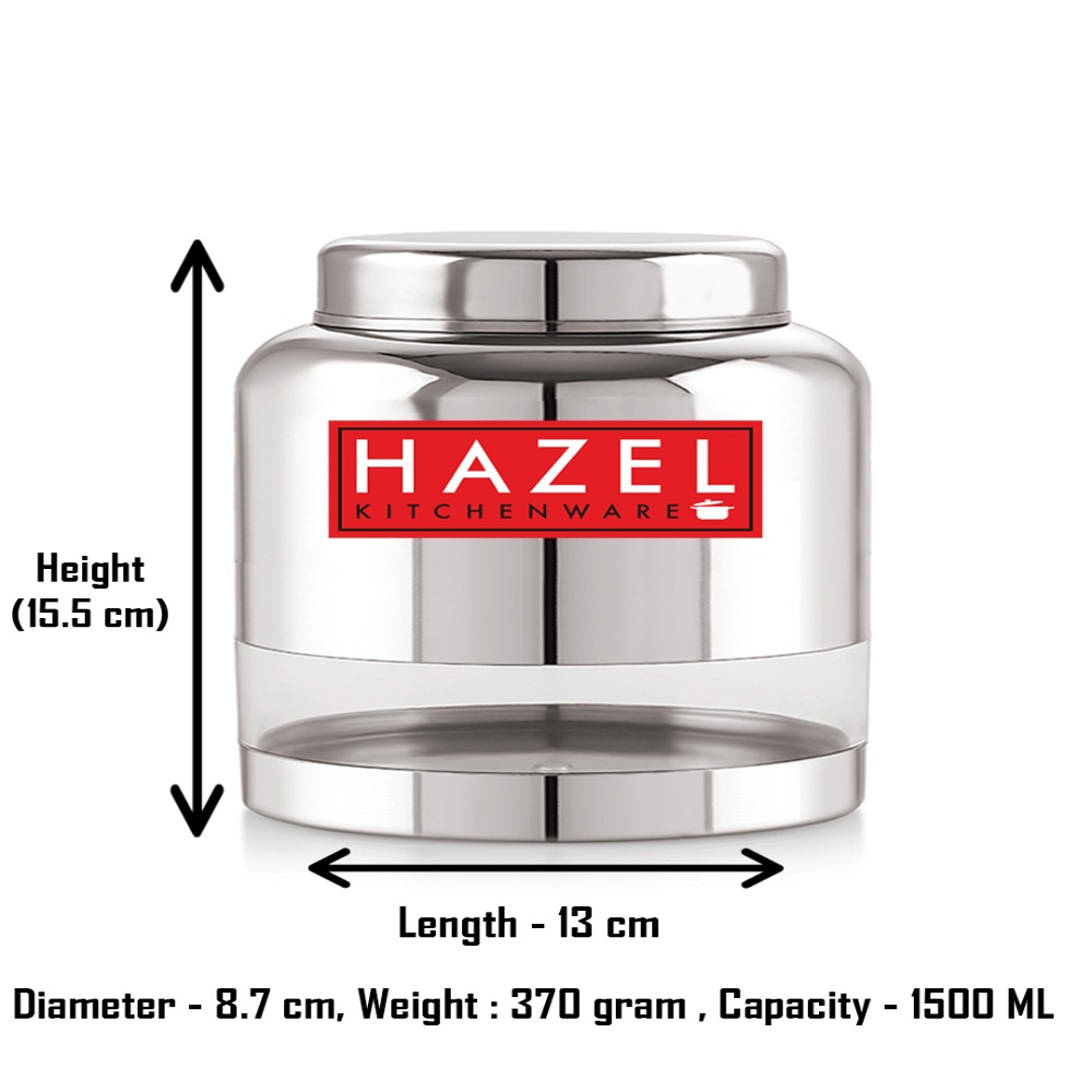 HAZEL Stainless Steel Transparent Container Glossy Finish Airtight See Through Jar Barni Set of 4, 1500 ML, Silver