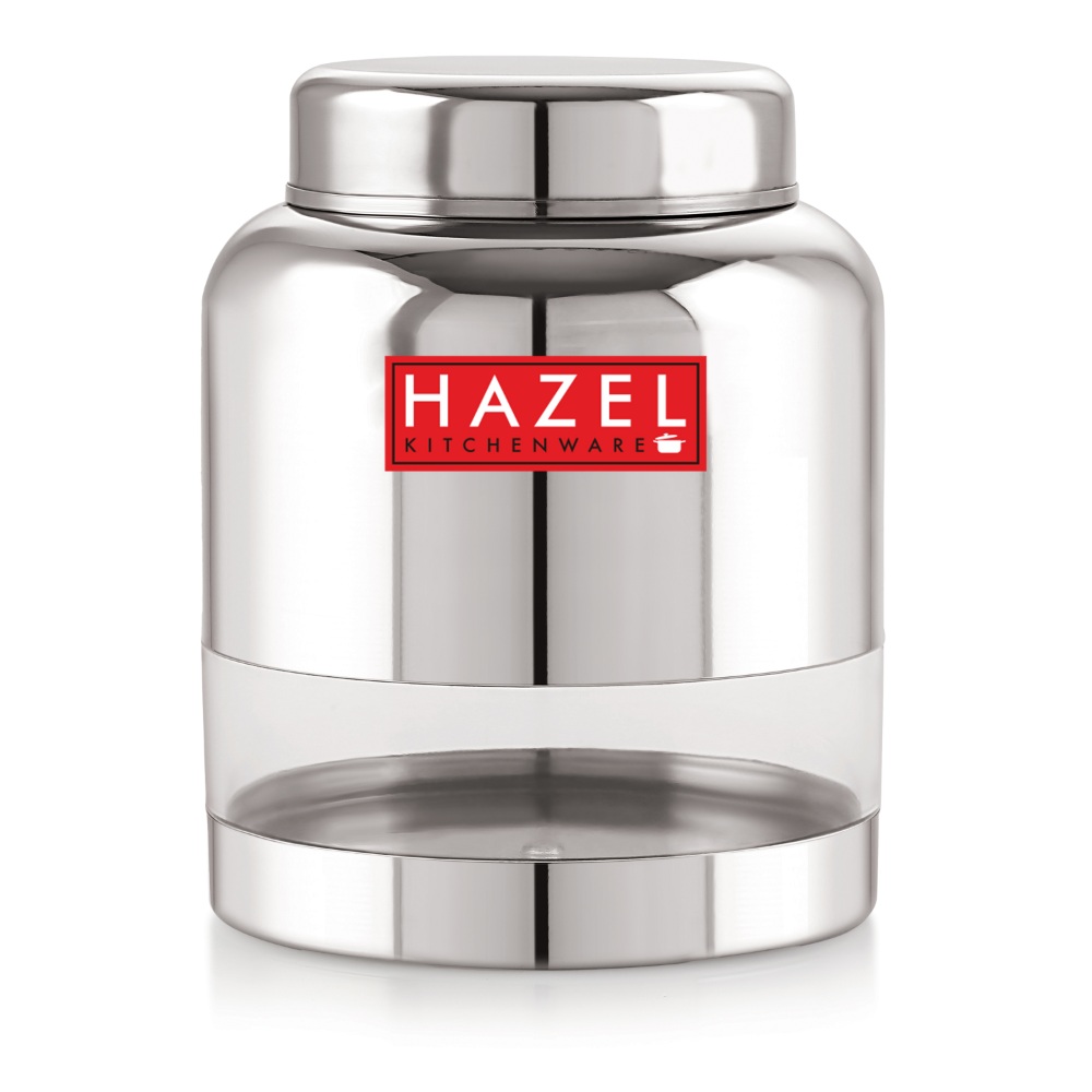 HAZEL Stainless Steel Transparent Container Glossy Finish Airtight See Through Jar Barni Set of 4, 1500 ML, Silver