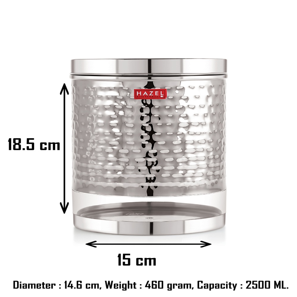 HAZEL Stainless Steel Container For Kitchen Storage Hammered Finish Transparent See Through Glossy Storage Jar Dabba, Set of 4, 2500 ML, Silver