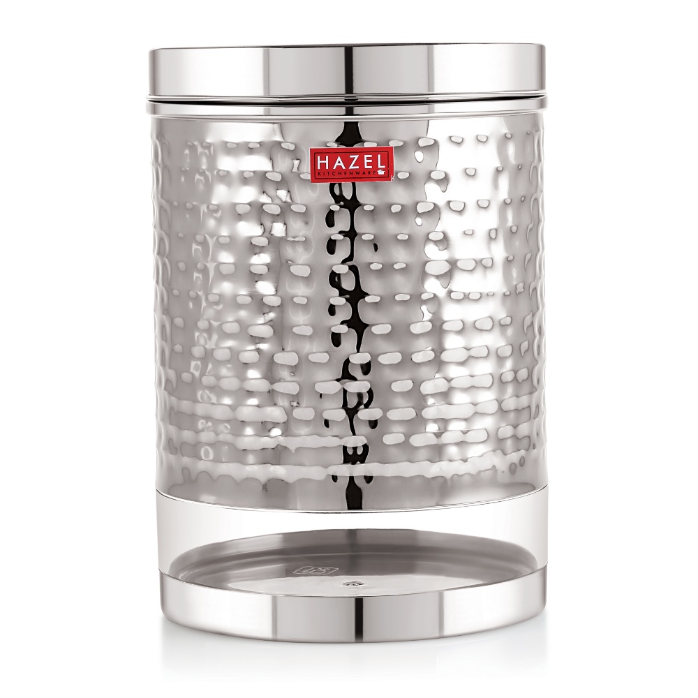 HAZEL Stainless Steel Container For Kitchen Storage Hammered Finish Transparent See Through Glossy Storage Jar Dabba, Set of 4, 2500 ML, Silver