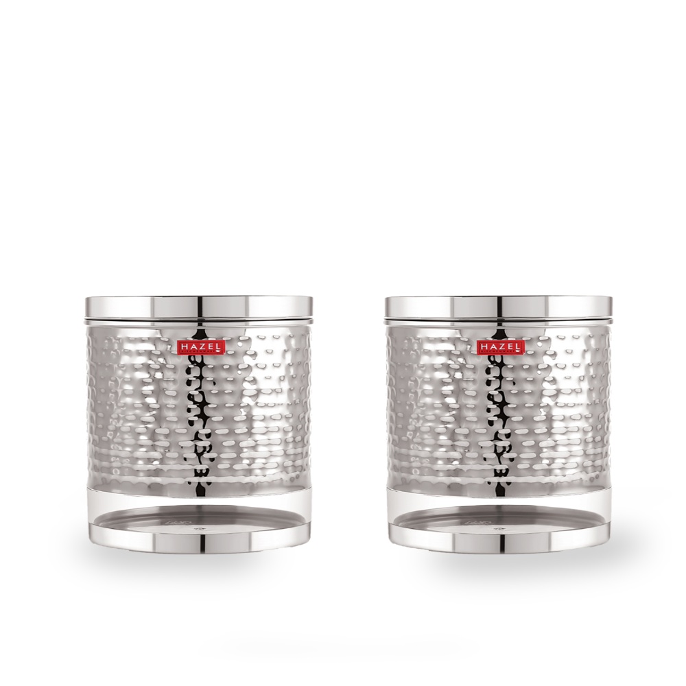 HAZEL Stainless Steel Container For Kitchen Storage Hammered Finish Transparent See Through Glossy Storage Jar Dabba, Set of 2, 2500 ML, Silver