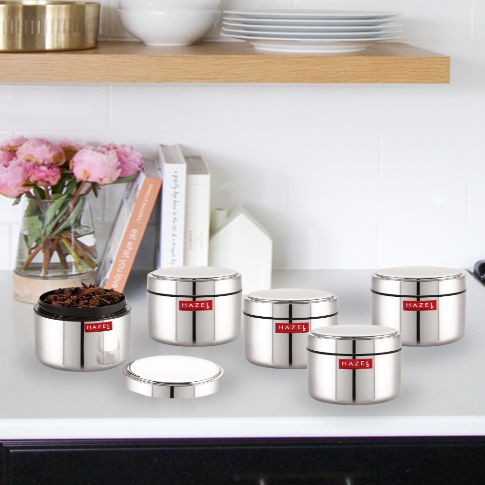 HAZEL Stainless Steel Mini Container Heavy Gauge Premium Airtight Dabbi Dabba Set of 5, 400 ML, Silver