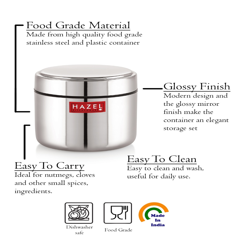 HAZEL Stainless Steel Mini Container Heavy Gauge Premium Airtight Dabbi Dabba Set of 4, 400 ML, Silver