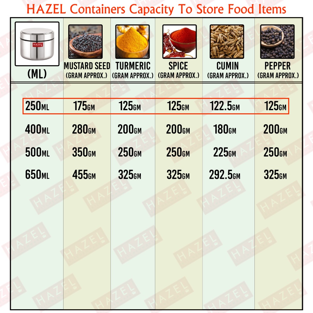 HAZEL Stainless Steel Mini Container Heavy Gauge Premium Airtight Dabbi Dabba Set of 6, 250 ML, Silver