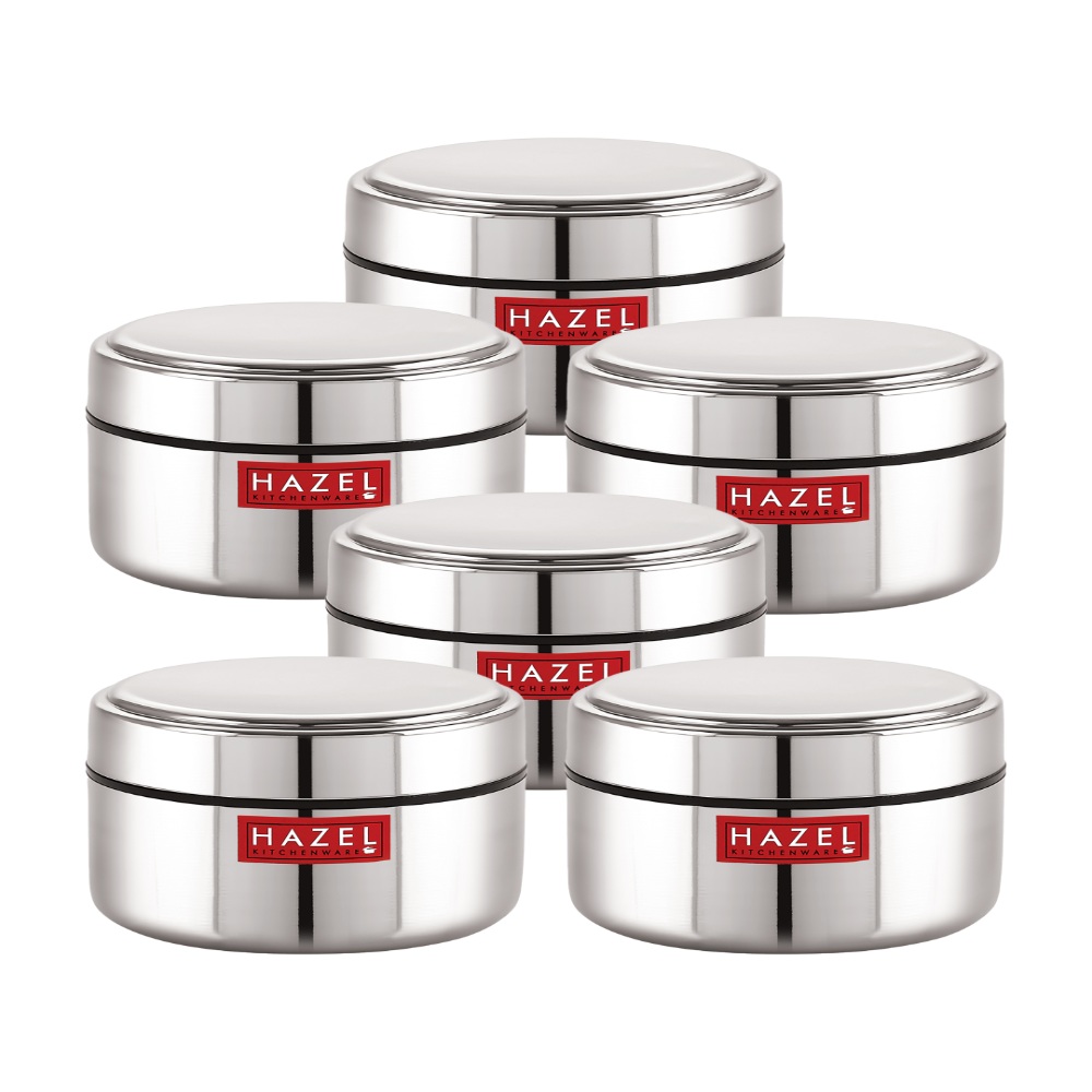 HAZEL Stainless Steel Mini Container Heavy Gauge Premium Airtight Dabbi Dabba Set of 6, 250 ML, Silver