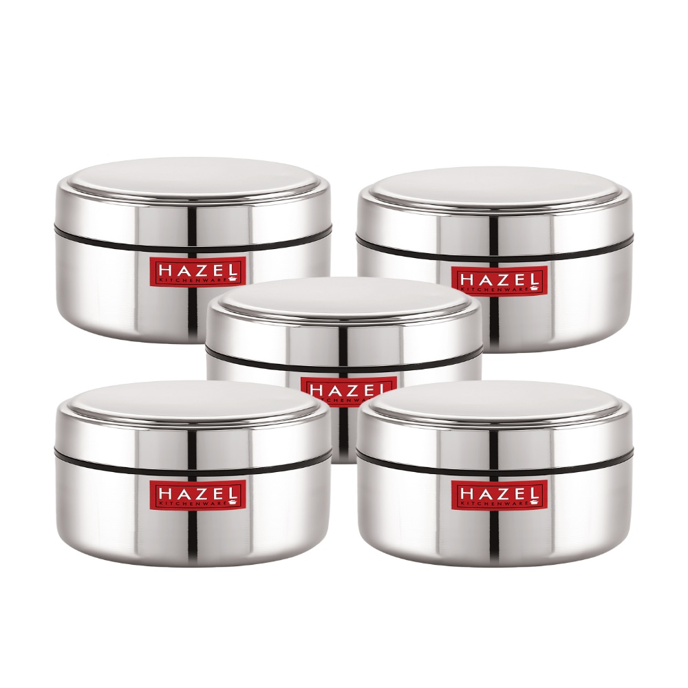 HAZEL Stainless Steel Mini Container Heavy Gauge Premium Airtight Dabbi Dabba Set of 5, 250 ML, Silver