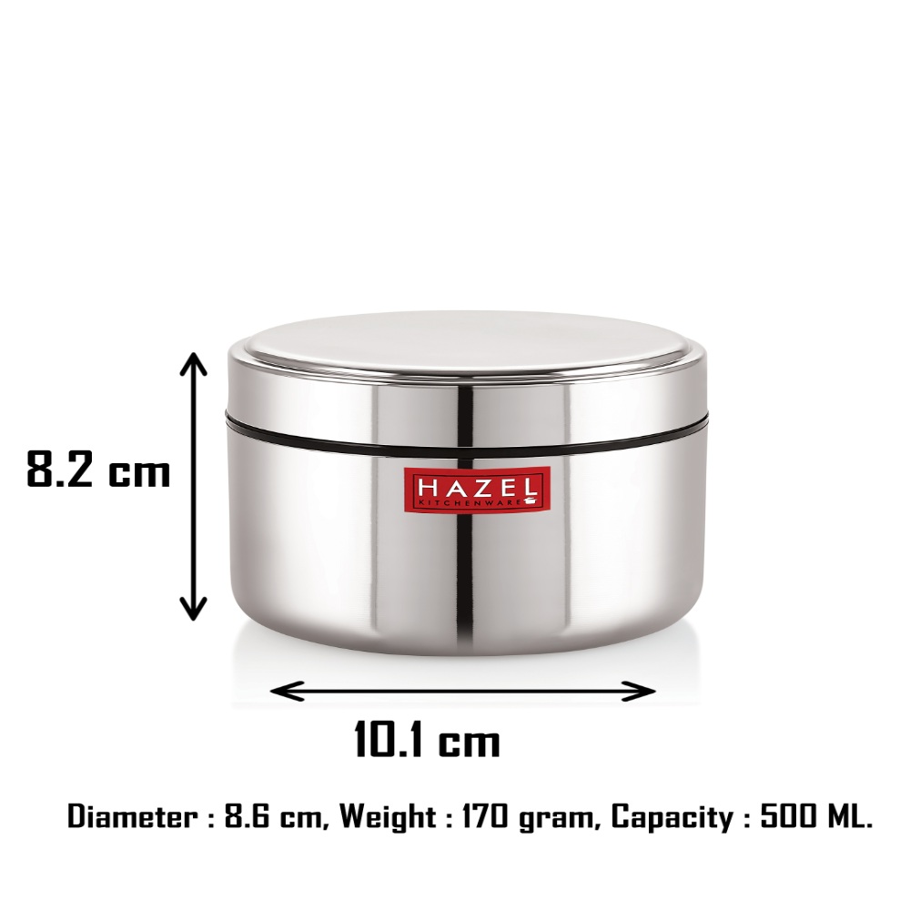 HAZEL Stainless Steel Mini Container Heavy Gauge Premium Airtight Dabbi Dabba Set of 3, 500 ML, Silver