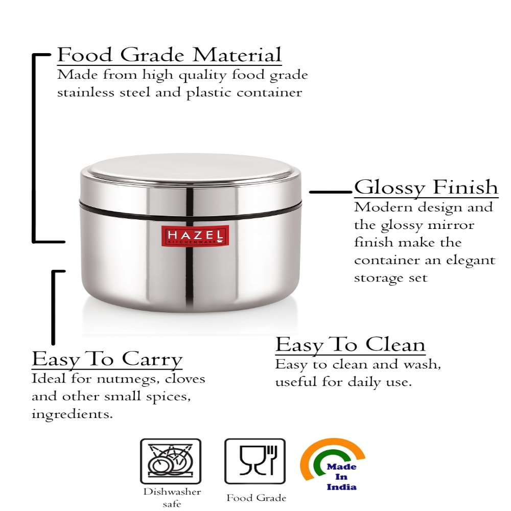HAZEL Stainless Steel Mini Container Heavy Gauge Premium Airtight Dabbi Dabba Set of 3, 500 ML, Silver