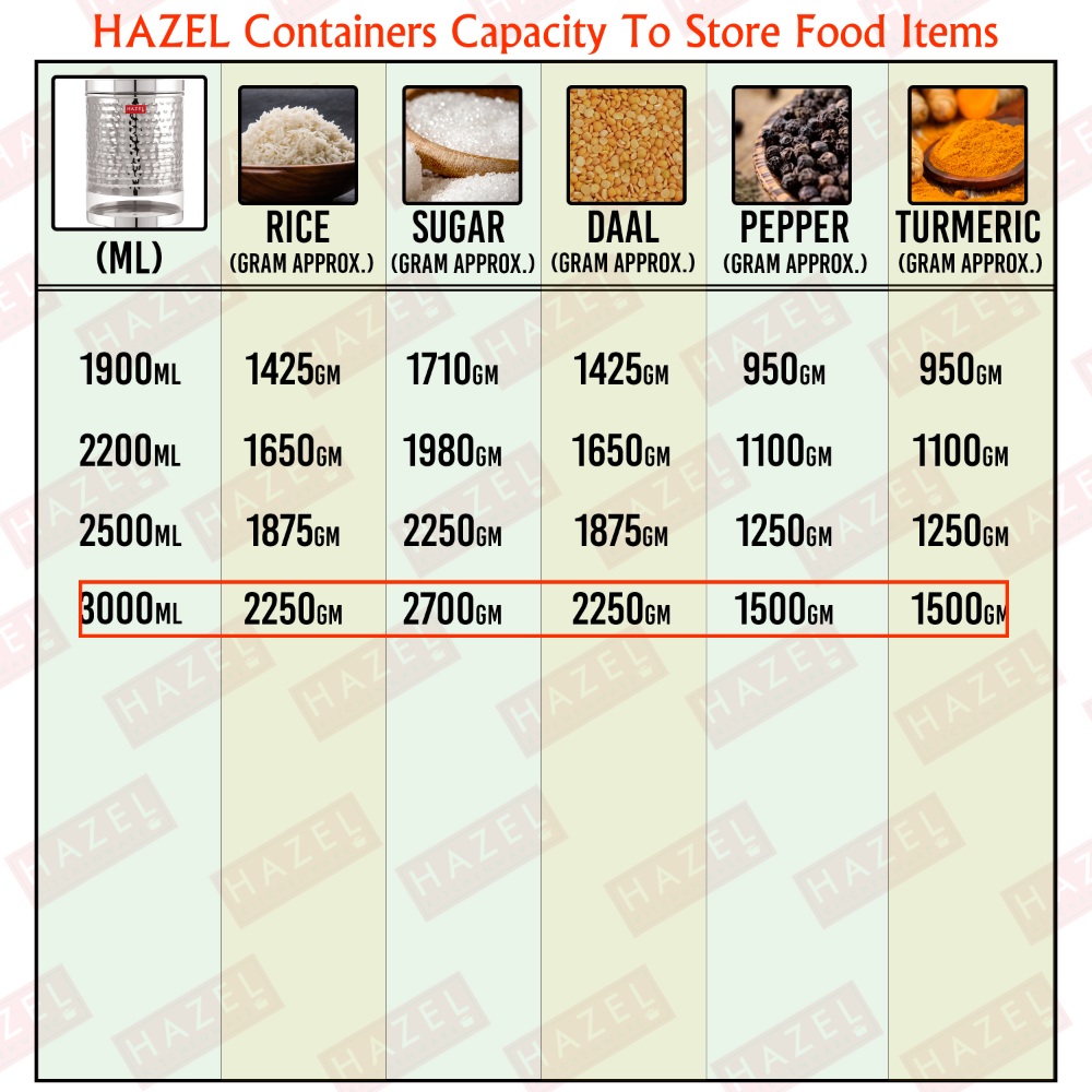 HAZEL Stainless Steel Container For Kitchen Storage Hammered Finish Transparent See Through Glossy Storage Jar Dabba, Set of 6, 3000 ML, Silver