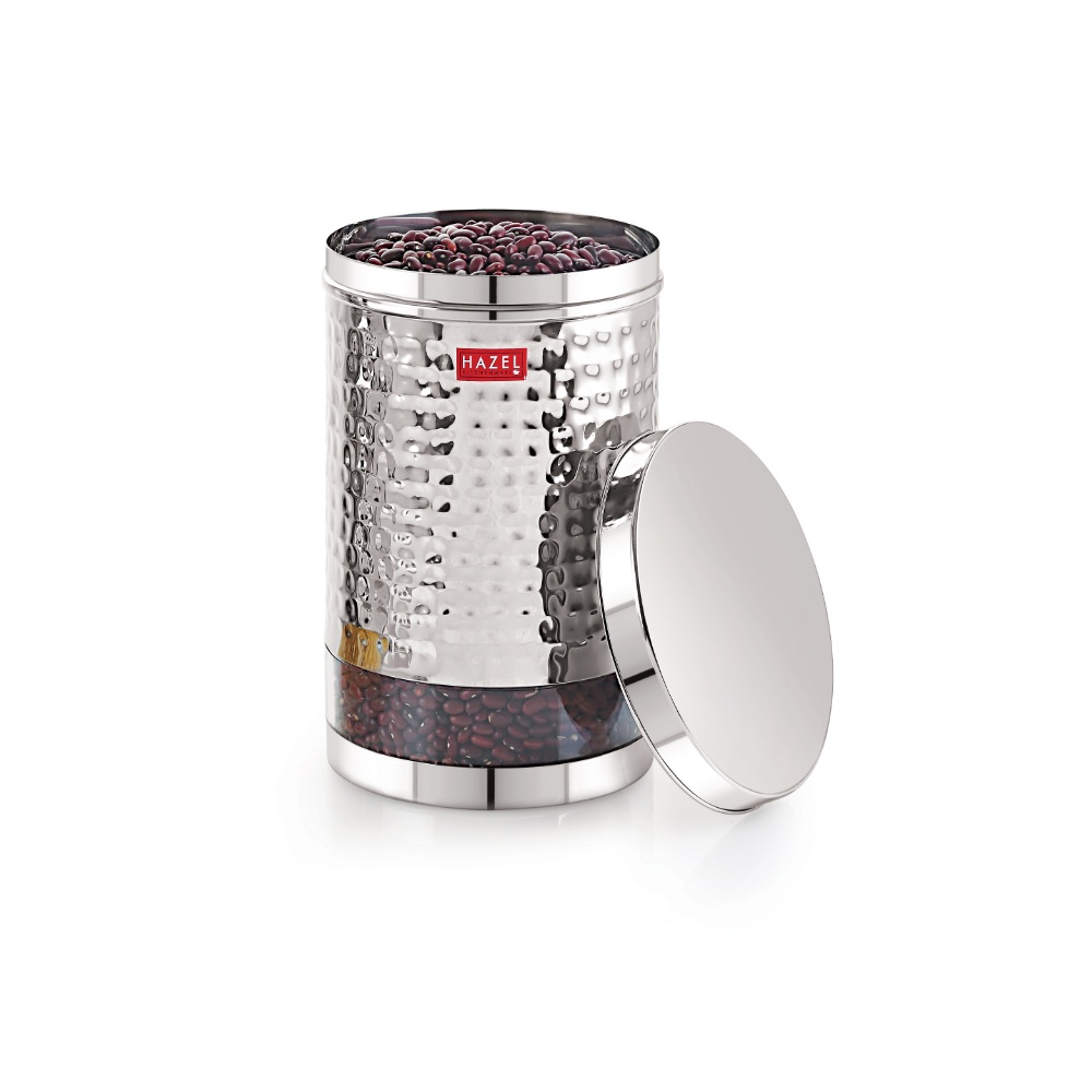 HAZEL Stainless Steel Container For Kitchen Storage Hammered Finish Transparent See Through Glossy Storage Jar Dabba, Set of 6, 3000 ML, Silver