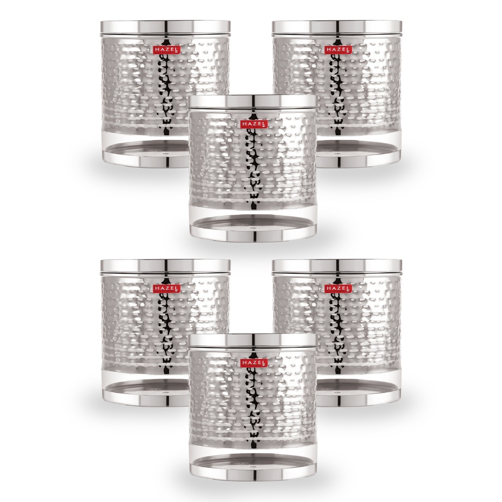 HAZEL Stainless Steel Container For Kitchen Storage Hammered Finish Transparent See Through Glossy Storage Jar Dabba, Set of 6, 3000 ML, Silver