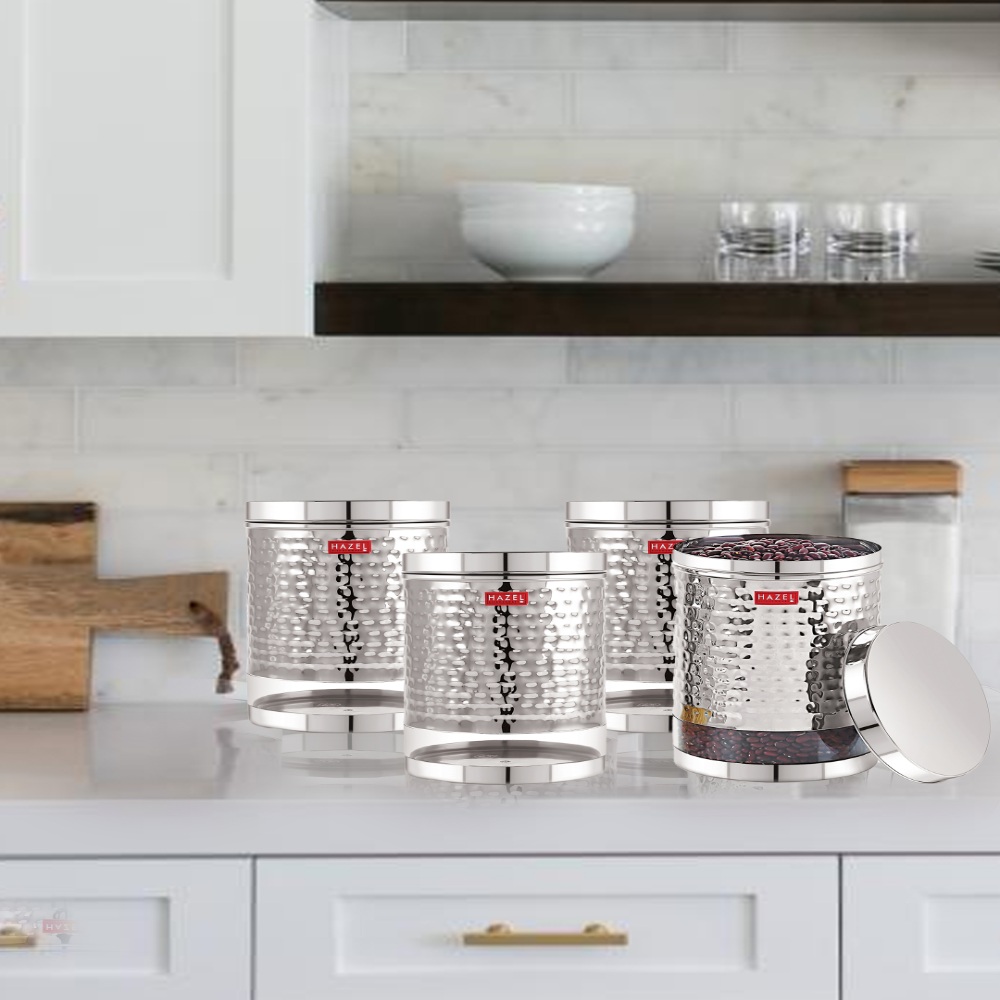 HAZEL Stainless Steel Container For Kitchen Storage Hammered Finish Transparent See Through Glossy Storage Jar Dabba, Set of 4, 3000 ML, Silver