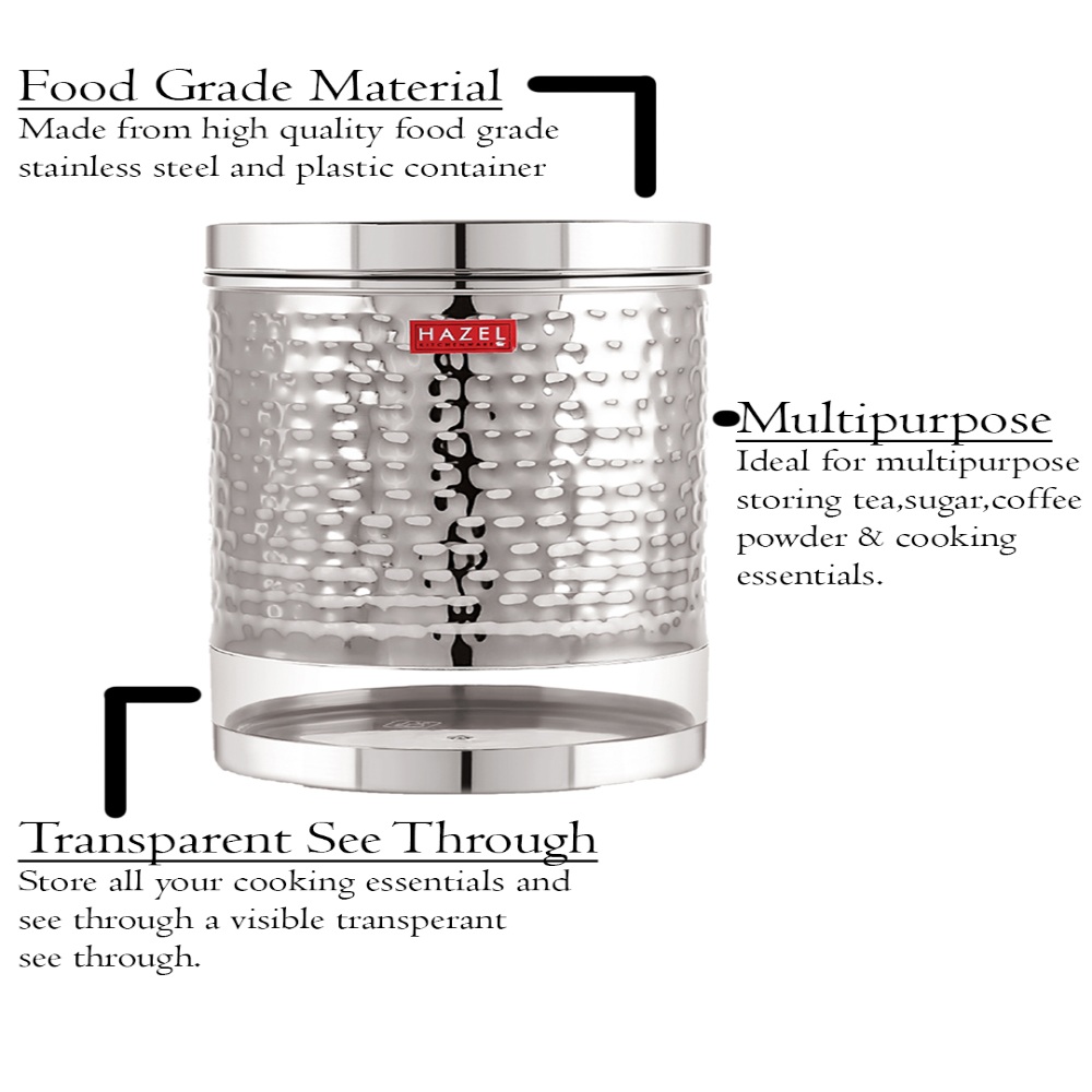 HAZEL Stainless Steel Container For Kitchen Storage Hammered Finish Transparent See Through Glossy Storage Jar Dabba, Set of 4, 3000 ML, Silver
