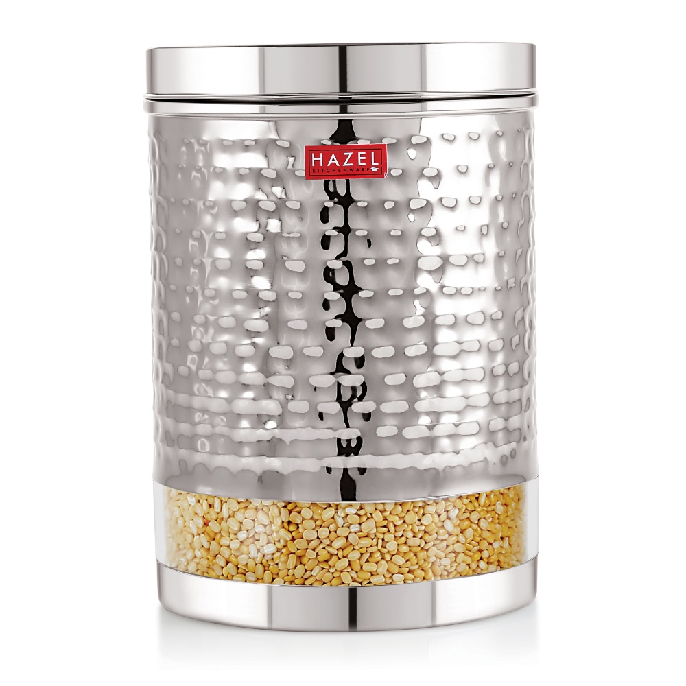 HAZEL Stainless Steel Container For Kitchen Storage Hammered Finish Transparent See Through Glossy Storage Jar Dabba, Set of 4, 3000 ML, Silver