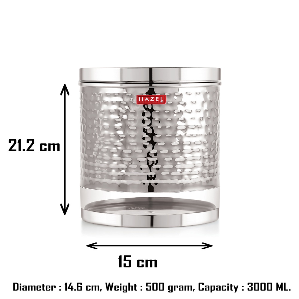 HAZEL Stainless Steel Container For Kitchen Storage Hammered Finish Transparent See Through Glossy Storage Jar Dabba, Set of 3, 3000 ML, Silver