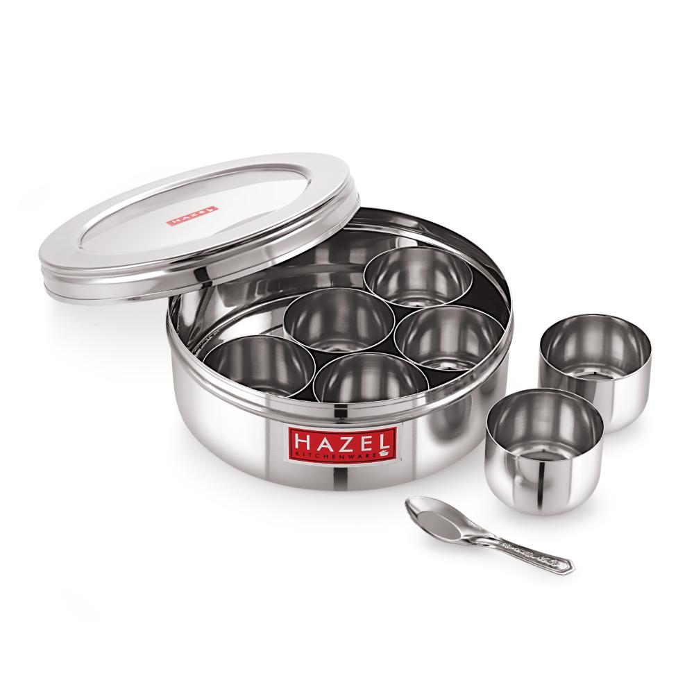 HAZEL See Through Stainless Steel Masala Dabba Spice Box with 7 Wati and Small Spoon