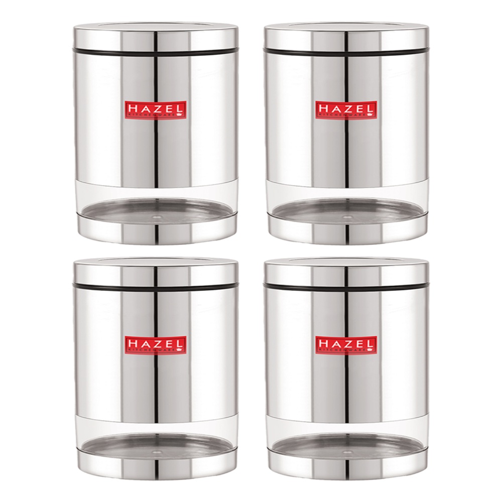 HAZEL Stainless Steel Containers Set For Kitchen Storage Transparent See Through Glossy Finish Storage Jars Dabba, Set of 4, 1300 ML Each, Silver