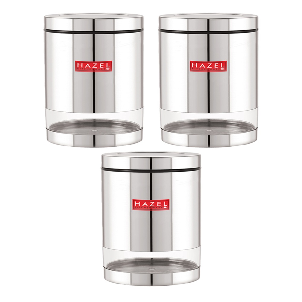 HAZEL Stainless Steel Containers Set For Kitchen Storage Transparent See Through Glossy Finish Storage Jars Dabba, Set of 3, 1300 ML Each, Silver