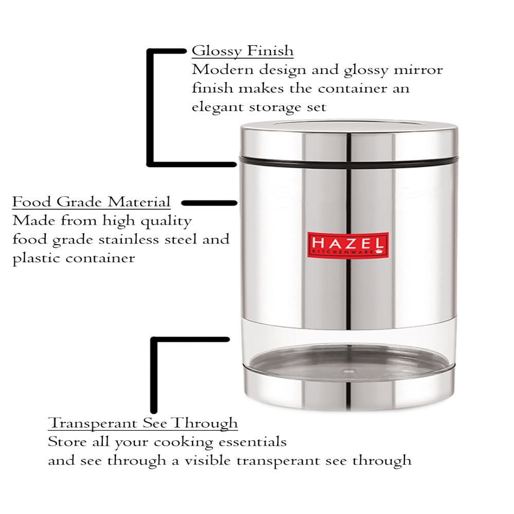 HAZEL Stainless Steel Containers Set For Kitchen Storage Transparent See Through Glossy Finish Storage Jars Dabba, Set of 3, 1300 ML Each, Silver