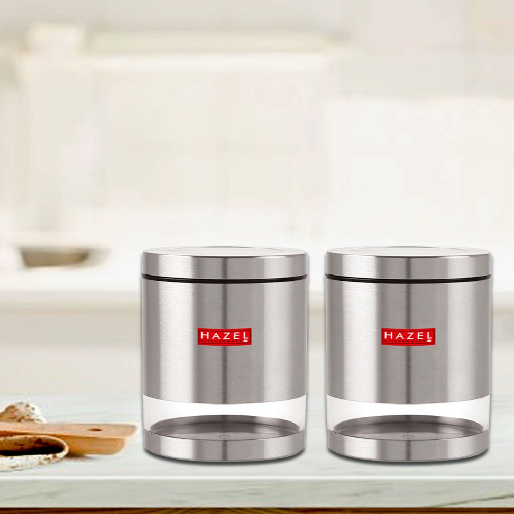 HAZEL Stainless Steel Containers Set For Kitchen Storage Transparent See Through Matt Finish Storage Jars Dabba, Set of 2, 1000 ML Each, Silver