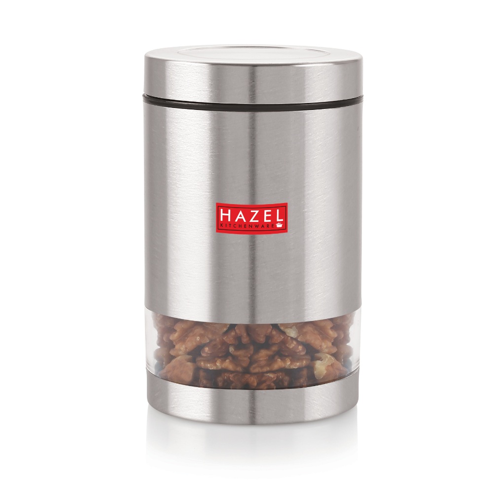 HAZEL Stainless Steel Containers Set For Kitchen Storage Transparent See Through Matt Finish Storage Jars Dabba, Set of 2, 1000 ML Each, Silver