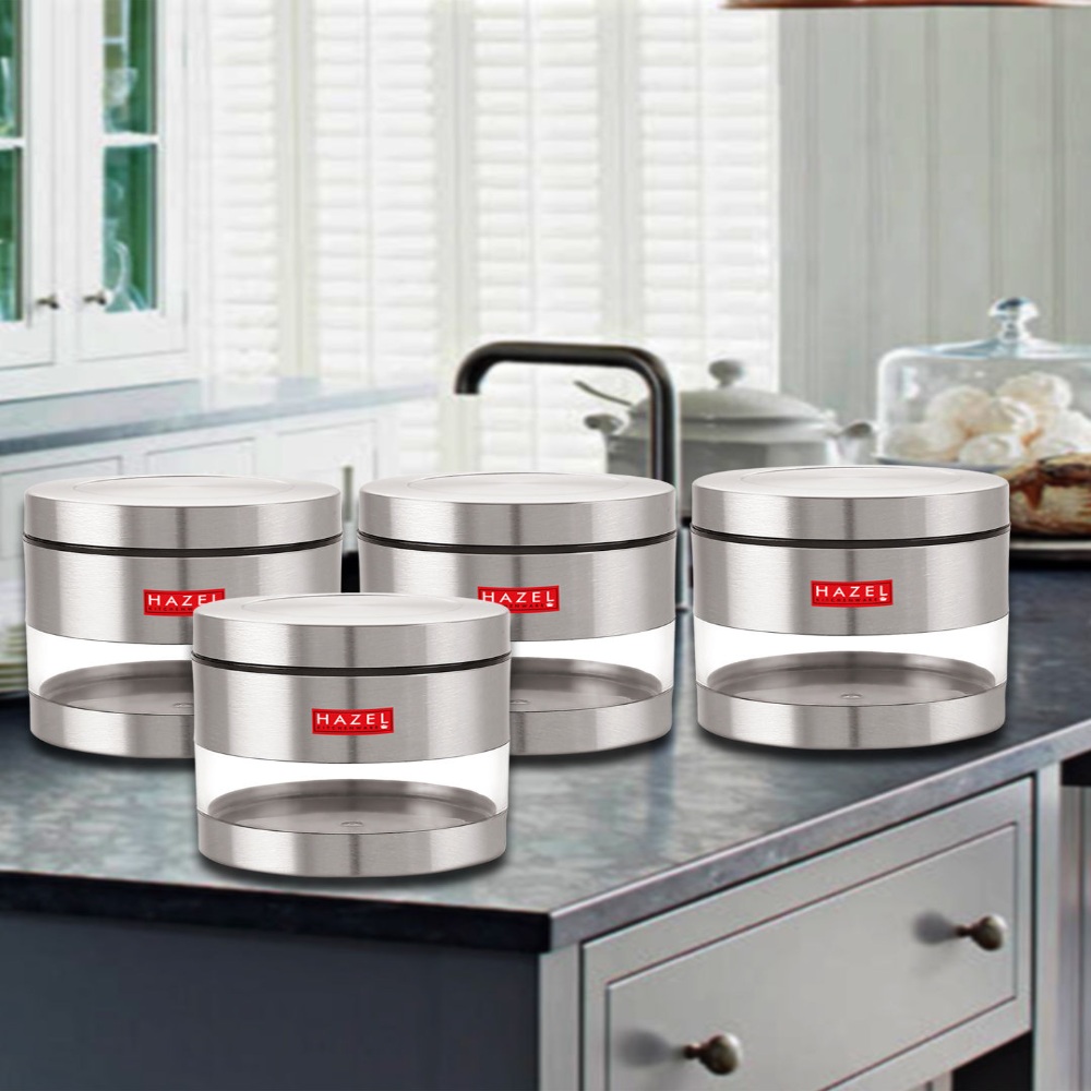 HAZEL Stainless Steel Containers Set For Kitchen Storage Transparent See Through Matt Finish Storage Jars Dabba, Set of 4, 600 ML Each, Silver