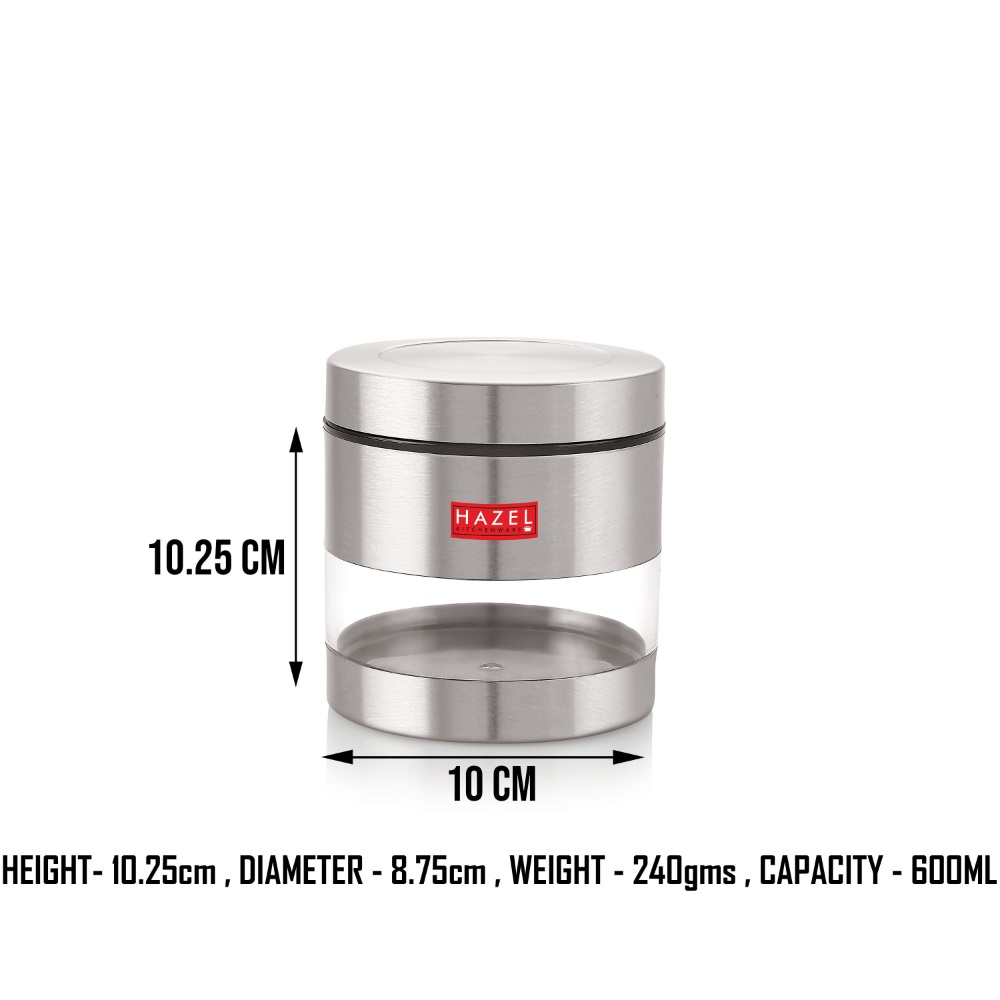 HAZEL Stainless Steel Containers Set For Kitchen Storage Transparent See Through Matt Finish Storage Jars Dabba, Set of 4, 600 ML Each, Silver