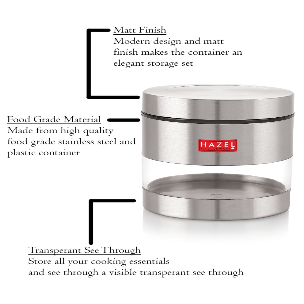 HAZEL Stainless Steel Containers Set For Kitchen Storage Transparent See Through Matt Finish Storage Jars Dabba, Set of 4, 600 ML Each, Silver