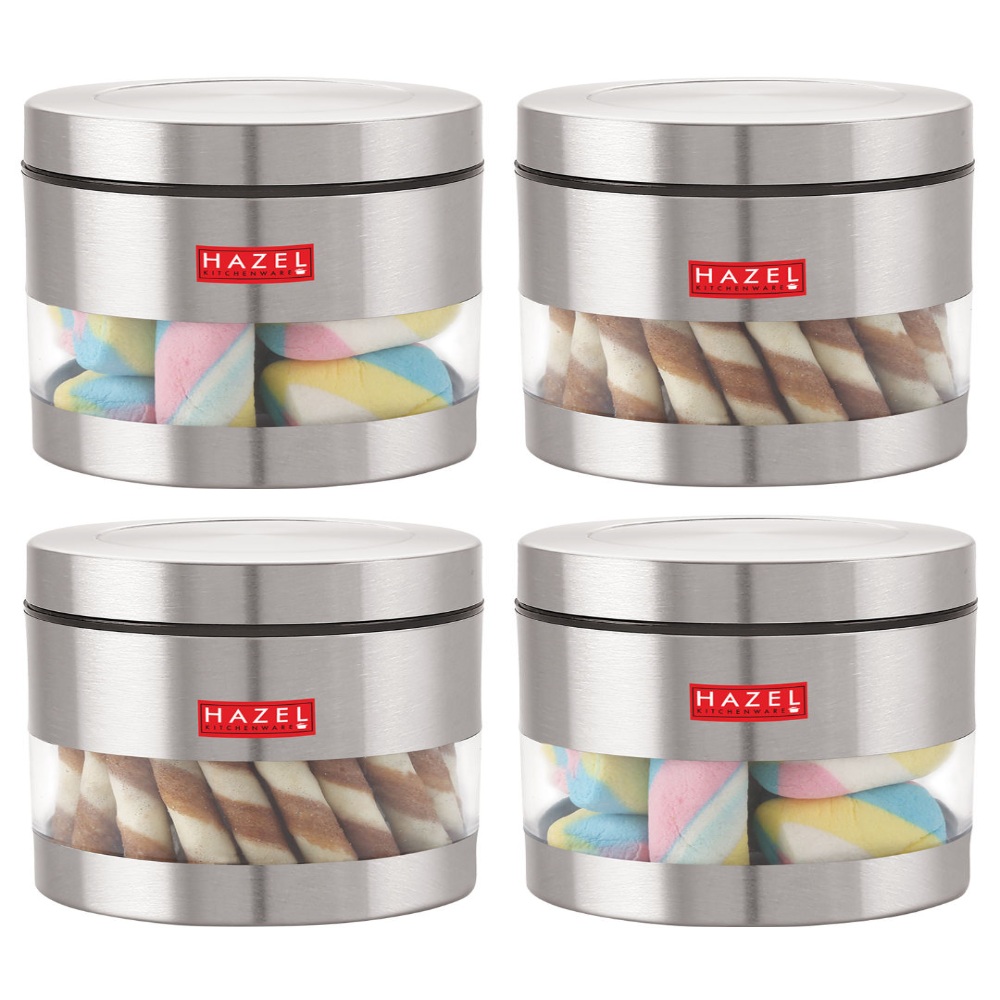 HAZEL Stainless Steel Containers Set For Kitchen Storage Transparent See Through Matt Finish Storage Jars Dabba, Set of 4, 600 ML Each, Silver