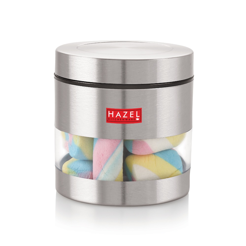HAZEL Stainless Steel Containers Set For Kitchen Storage Transparent See Through Matt Finish Storage Jars Dabba, Set of 4, 600 ML Each, Silver