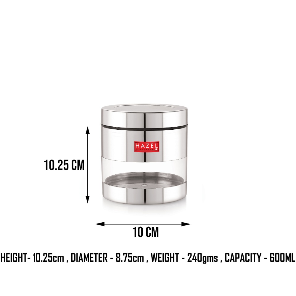 HAZEL Stainless Steel Containers Set For Kitchen Storage Transparent See Through Glossy Finish Storage Jars Dabba, Set of 6, 600 ML Each, Silver