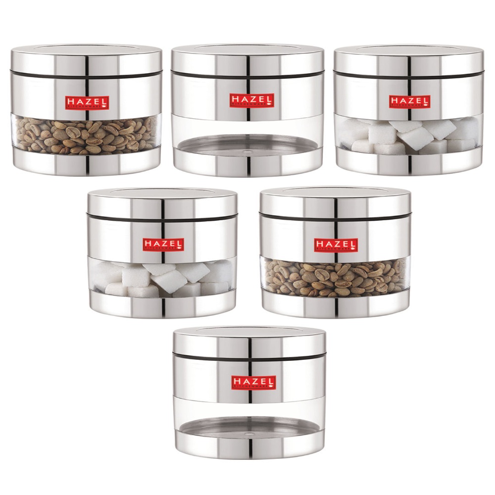 HAZEL Stainless Steel Containers Set For Kitchen Storage Transparent See Through Glossy Finish Storage Jars Dabba, Set of 6, 600 ML Each, Silver