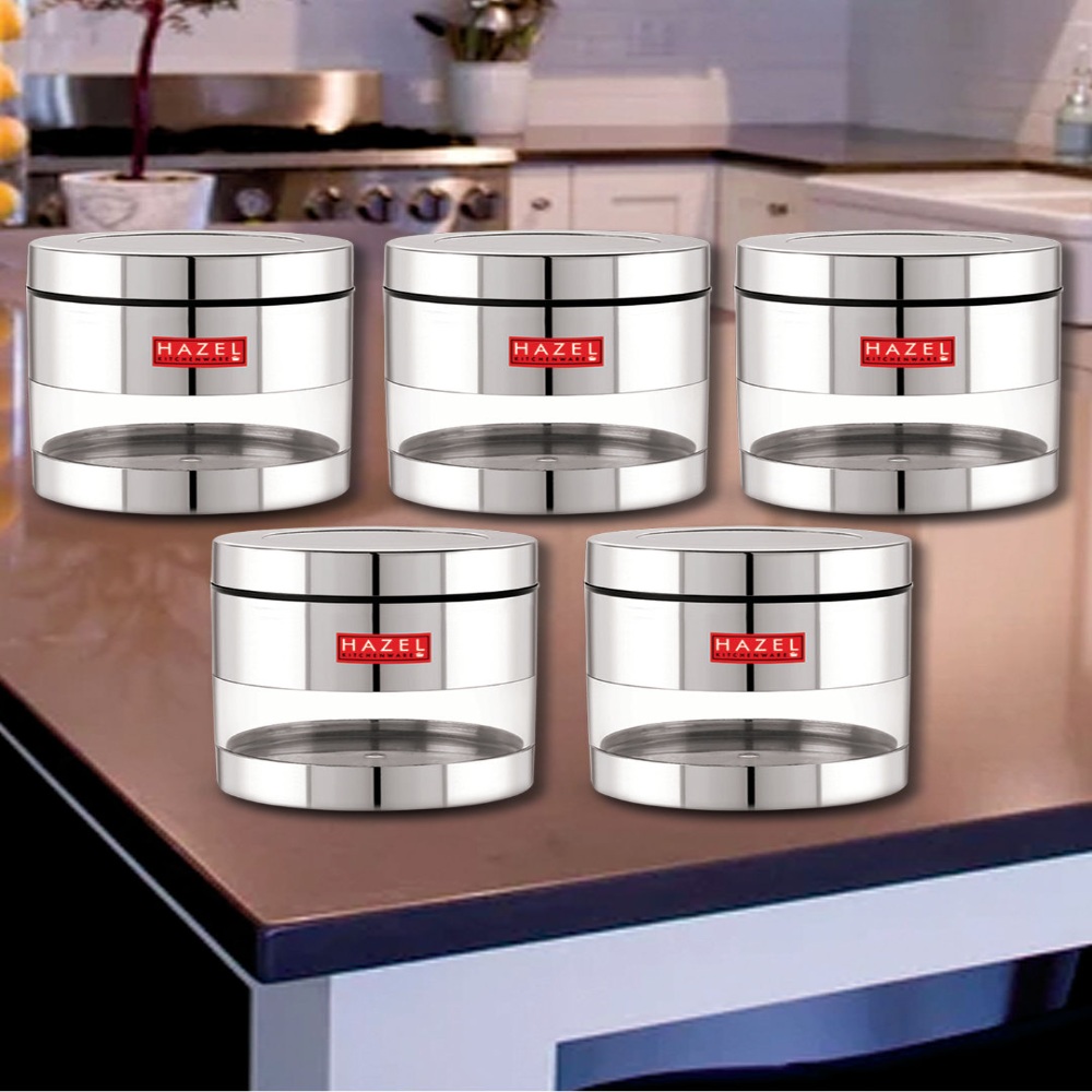 HAZEL Stainless Steel Containers Set For Kitchen Storage Transparent See Through Glossy Finish Storage Jars Dabba, Set of 5, 600 ML Each, Silver