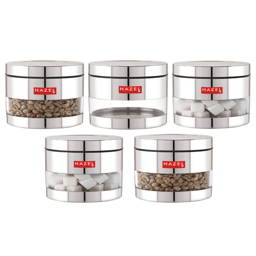 HAZEL Stainless Steel Containers Set For Kitchen Storage Transparent See Through Glossy Finish Storage Jars Dabba, Set of 5, 600 ML Each, Silver
