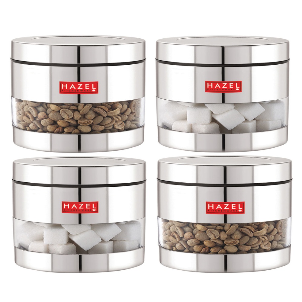 HAZEL Stainless Steel Containers Set For Kitchen Storage Transparent See Through Glossy Finish Storage Jars Dabba, Set of 4, 600 ML Each, Silver