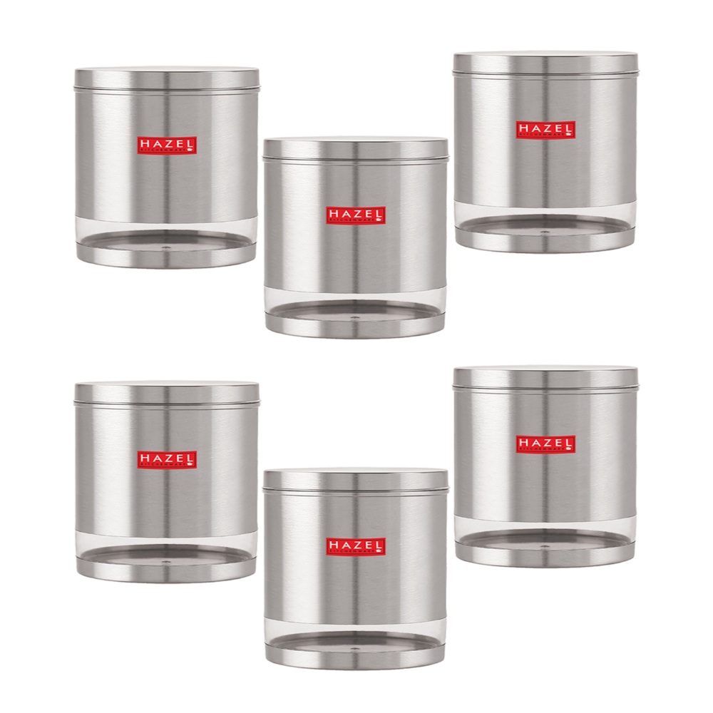 HAZEL Stainless Steel Containers Set For Kitchen Storage Transparent See Through Matt Finish Storage Jars Dabba, Set of 6, 3000 ML Each, Silver