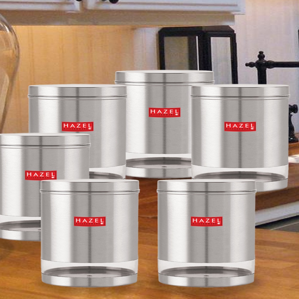 HAZEL Stainless Steel Containers Set For Kitchen Storage Transparent See Through Matt Finish Storage Jars Dabba, Set of 6, 3000 ML Each, Silver