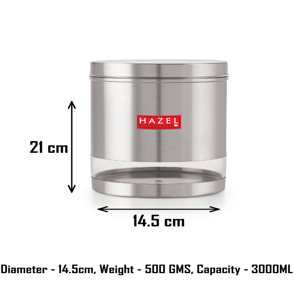 HAZEL Stainless Steel Containers Set For Kitchen Storage Transparent See Through Matt Finish Storage Jars Dabba, Set of 6, 3000 ML Each, Silver